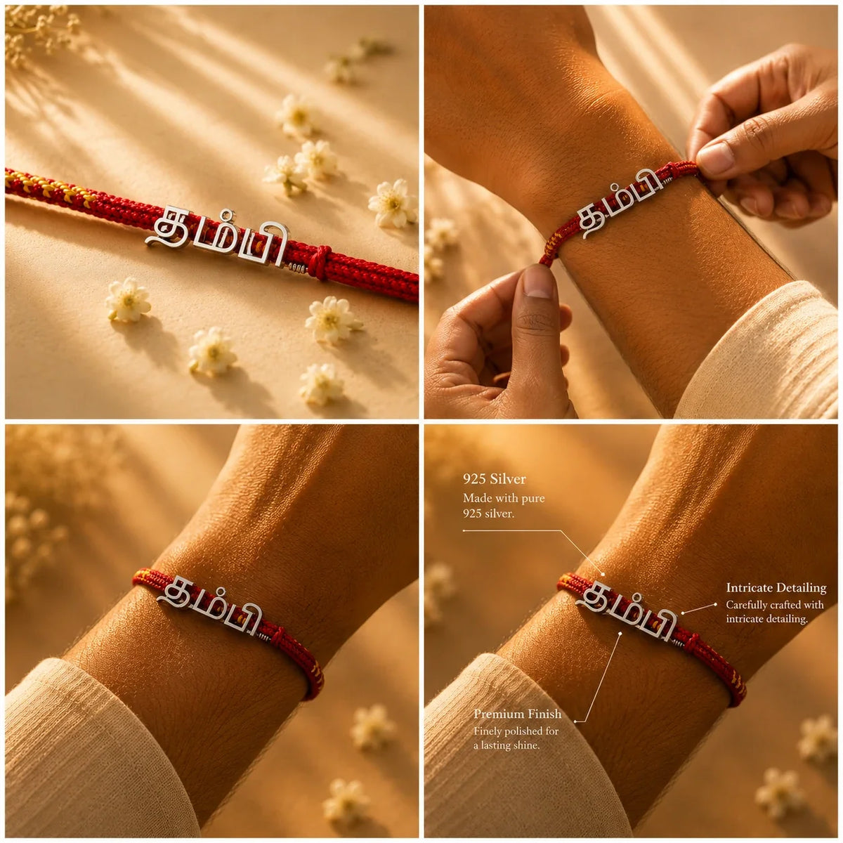 925 silver Tamil Thambi rakhi with தம்பி engraved in Tamil script on a red braided thread