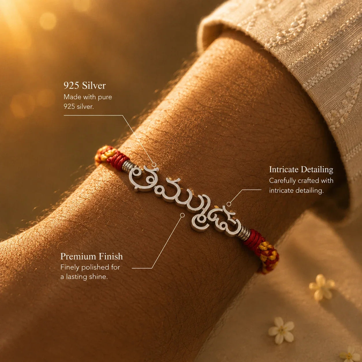 925 silver Telugu Thammudu rakhi with తమ్ముడు engraved in Telugu script on a red braided thread