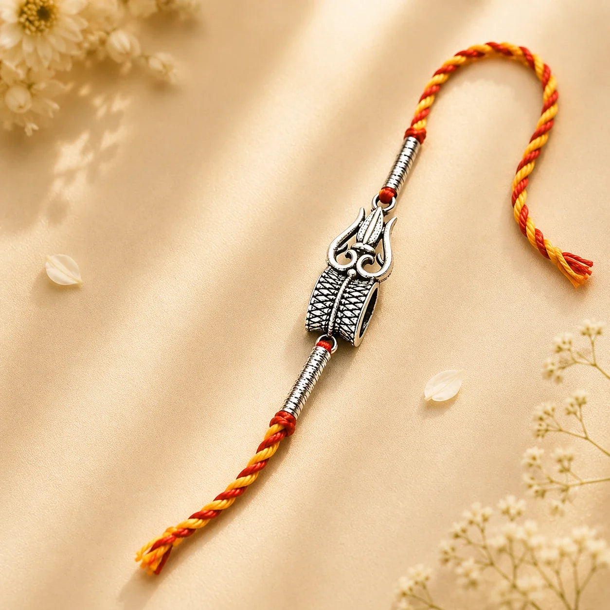 925 silver Trishul Damaru rakhi with a trishul and damaru motif on a red and gold thread