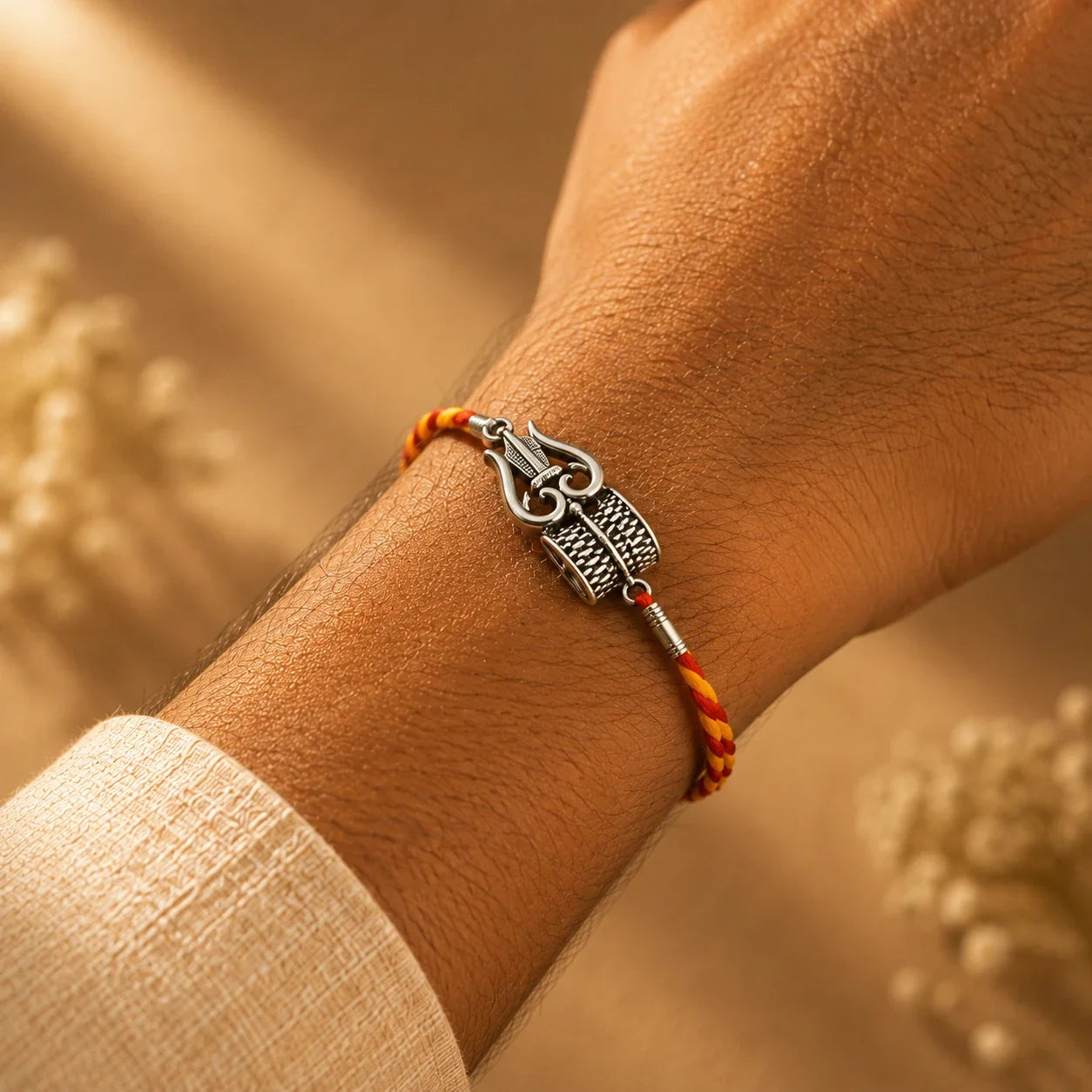 925 silver Trishul Damaru rakhi with a trishul and damaru motif on a red and gold thread