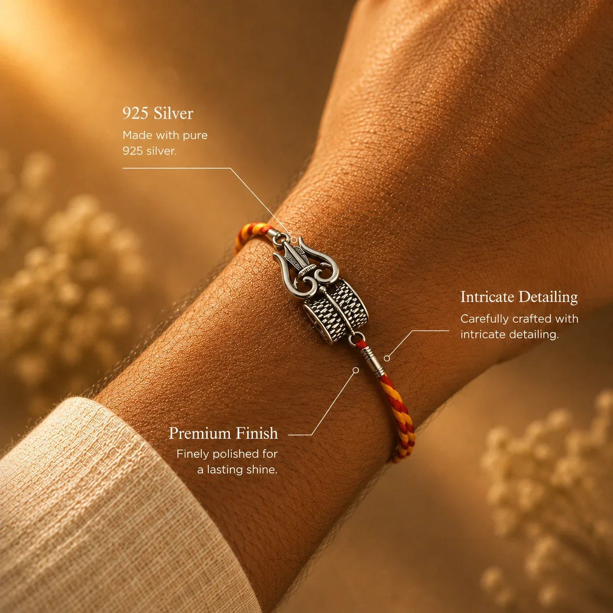925 silver Trishul Damaru rakhi with a trishul and damaru motif on a red and gold thread