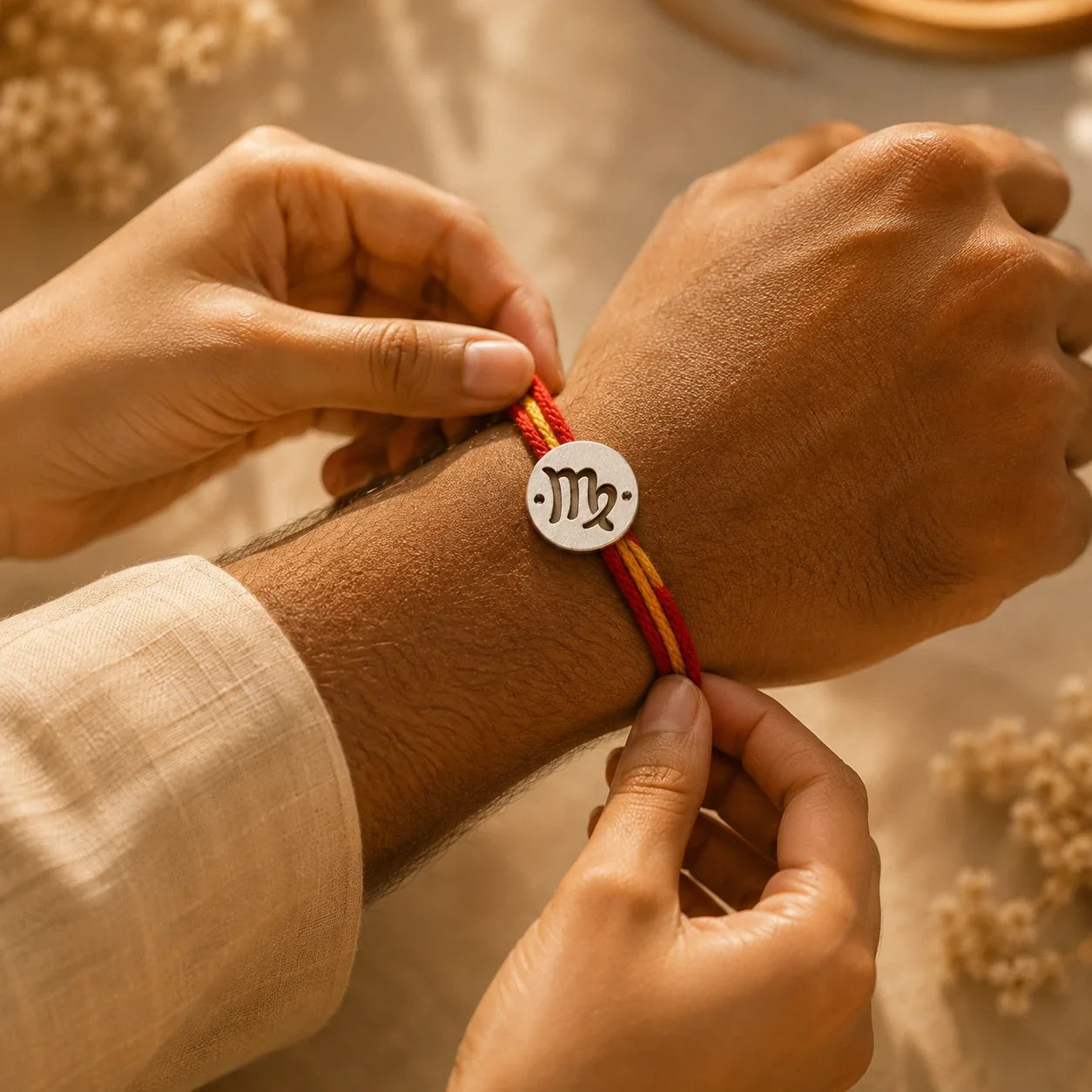 925 silver Virgo zodiac rakhi on a red and gold braided thread