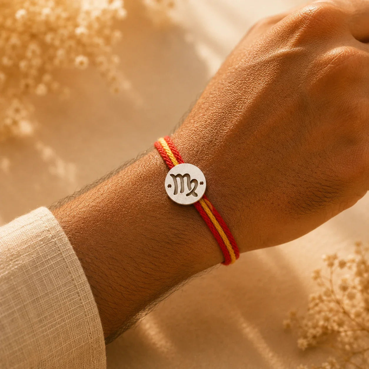 925 silver Virgo zodiac rakhi on a red and gold braided thread
