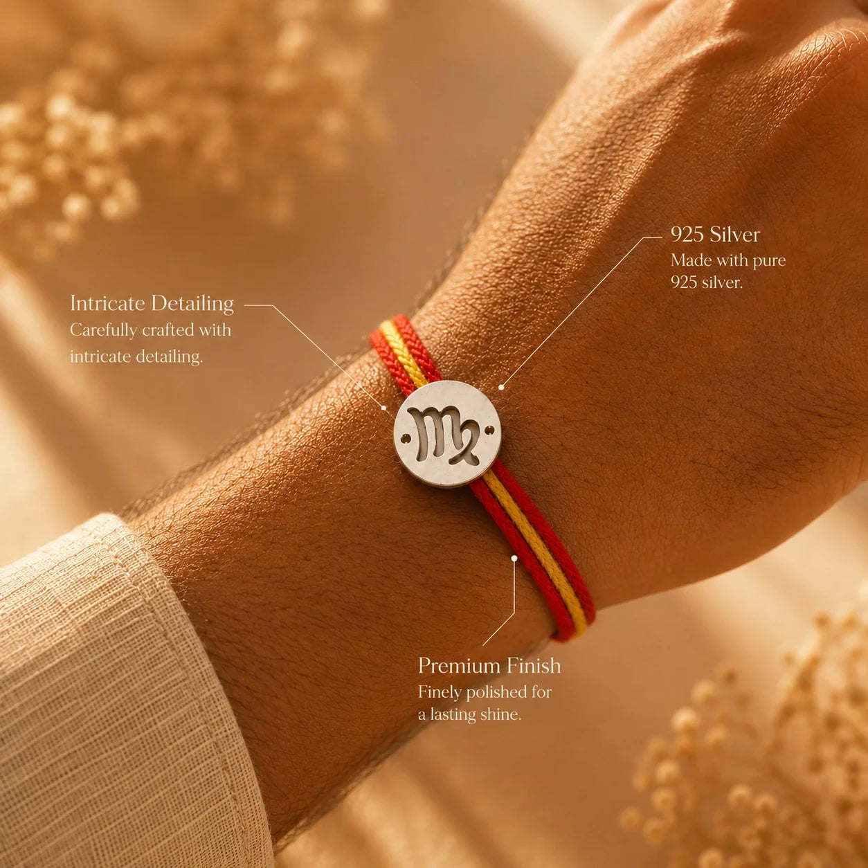 925 silver Virgo zodiac rakhi on a red and gold braided thread