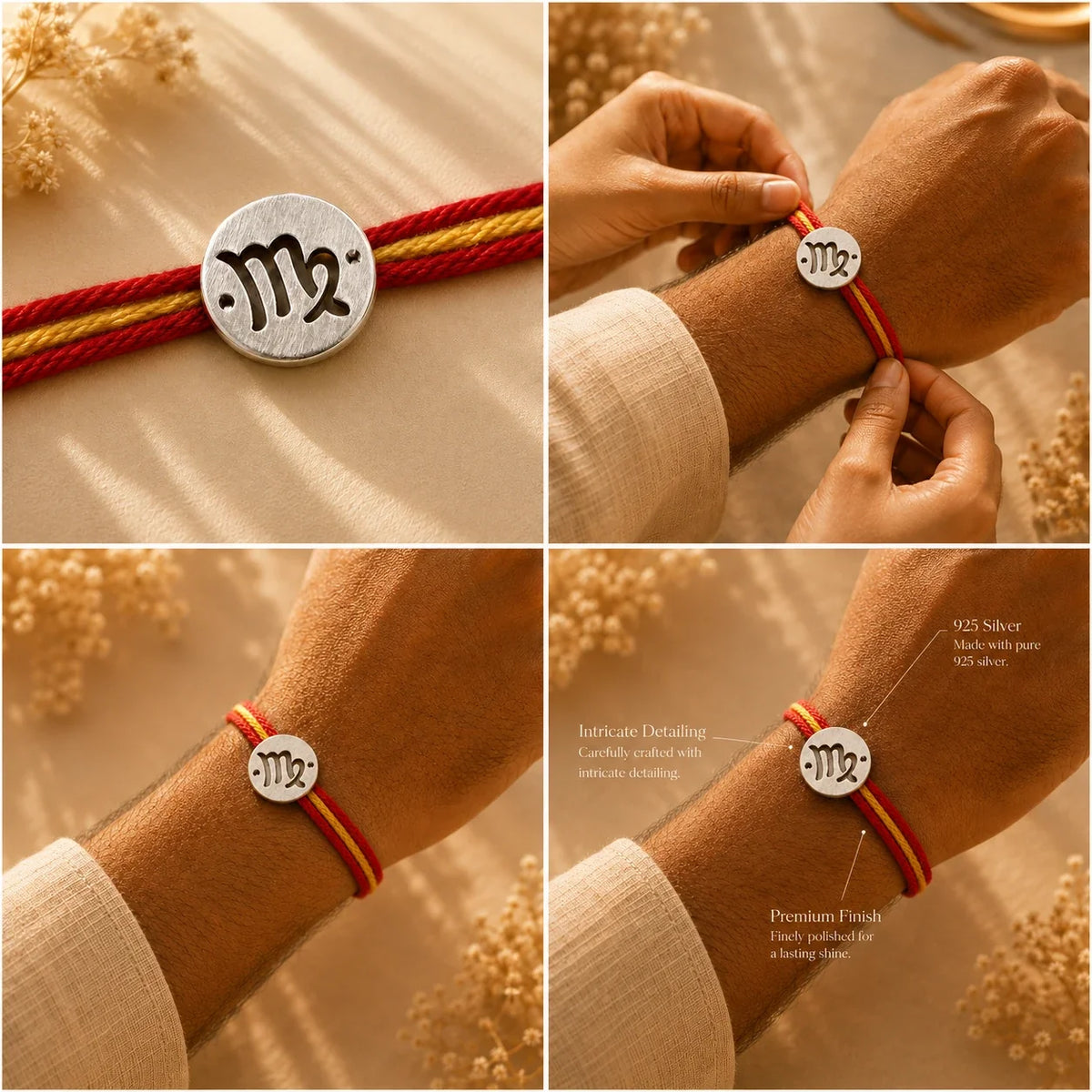 925 silver Virgo zodiac rakhi on a red and gold braided thread