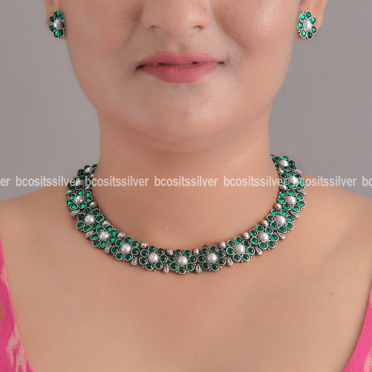 925 Silver Oxidized Flower Necklace Set -1122