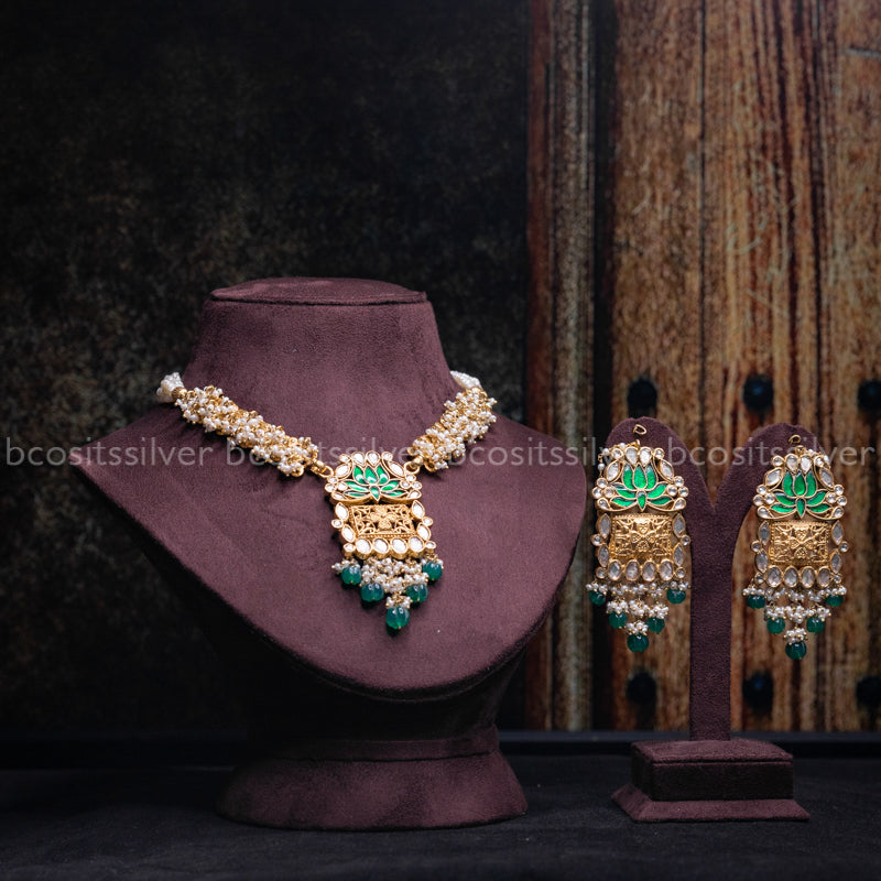 Gold Plated Green Lotus Pearl Kundan Set - 4357