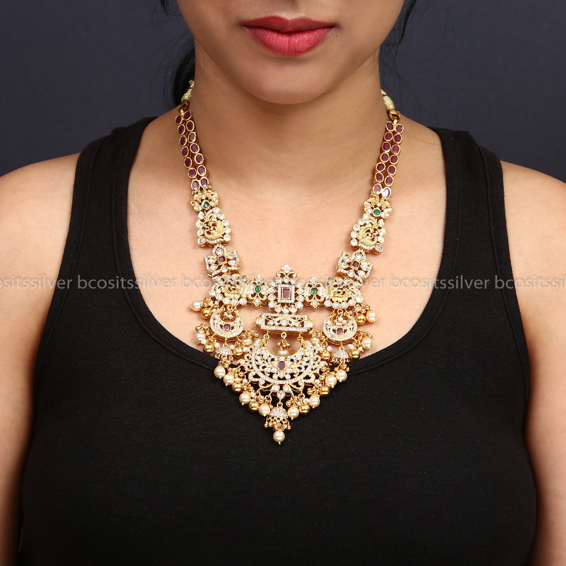 CZ - Bridal Triple Chand with Peacock Necklace - 0953 - MADE TO ORDER