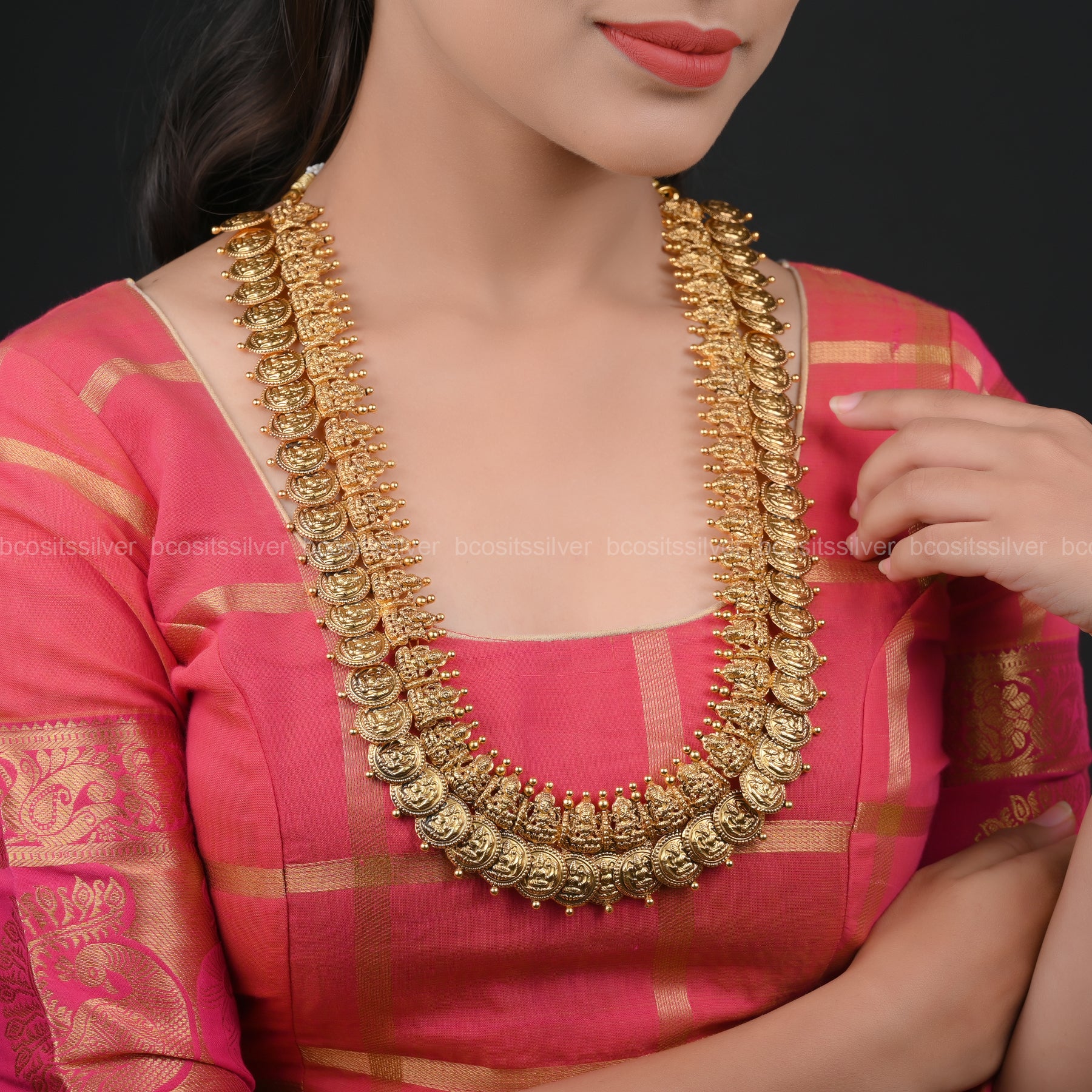 925 Silver Gold Plated Lakshmi Bridal Coin Haram - 6217