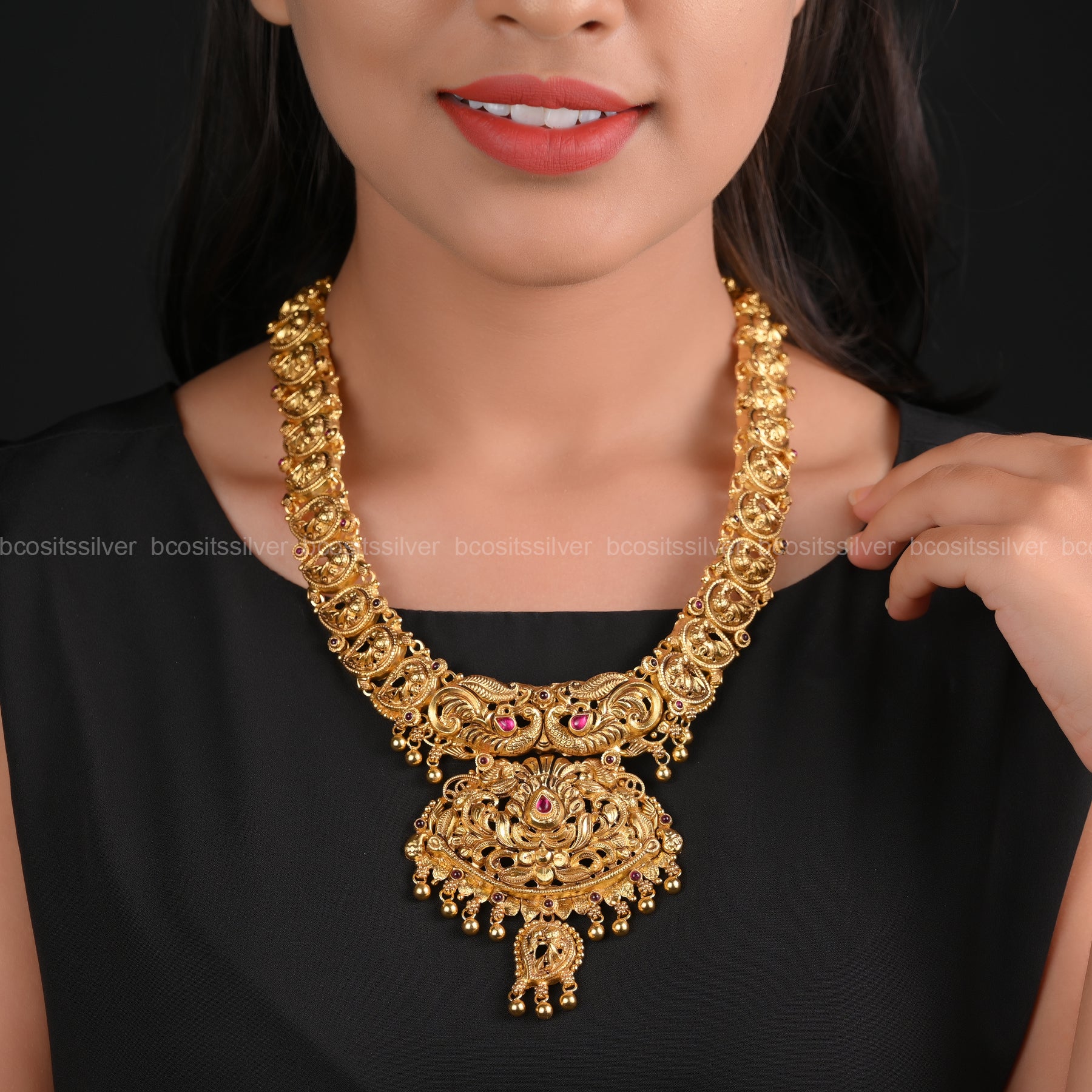 925 Silver Gold Plated Mango Peacock Nakshi Haram - 6319