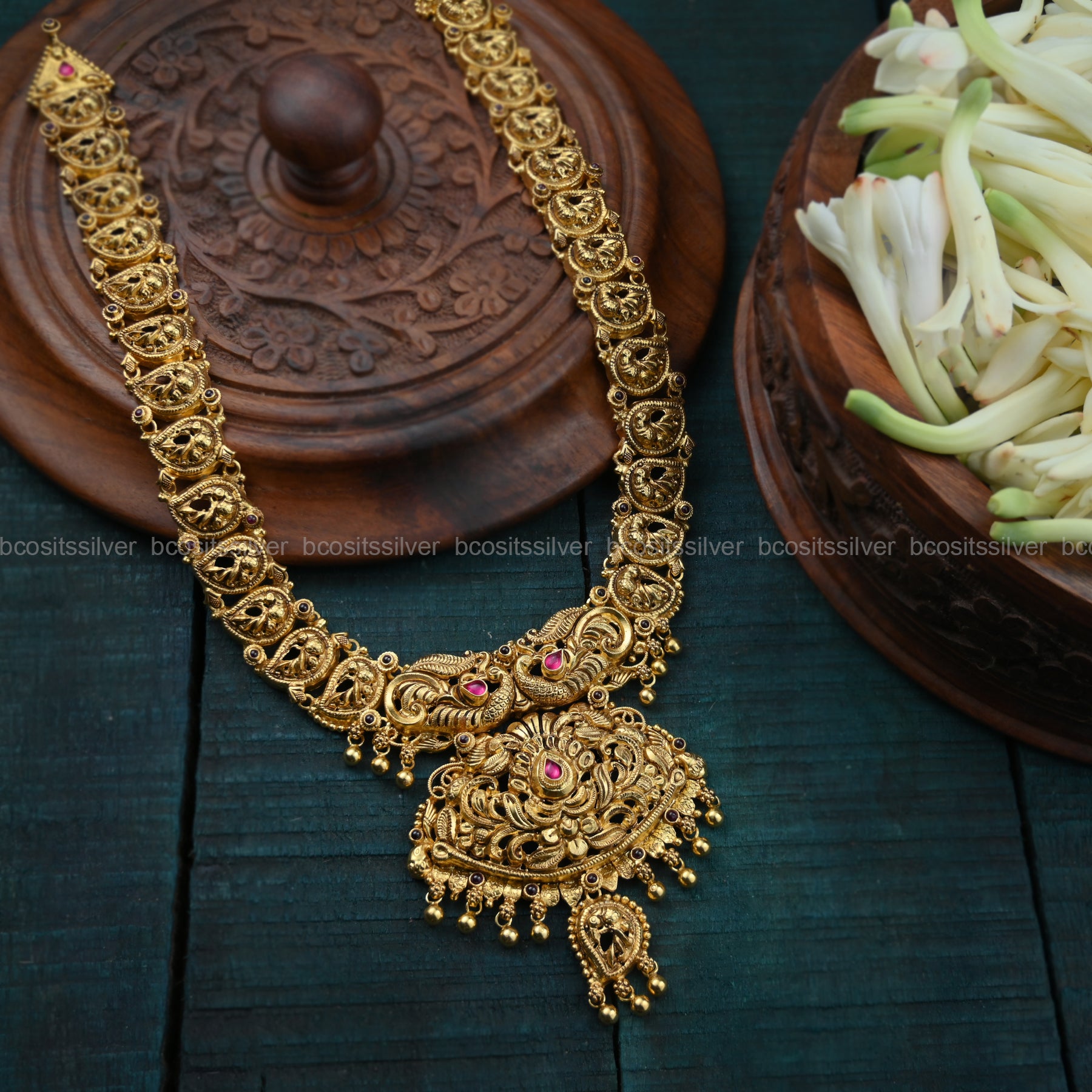 925 Silver Gold Plated Mango Peacock Nakshi Haram - 6319