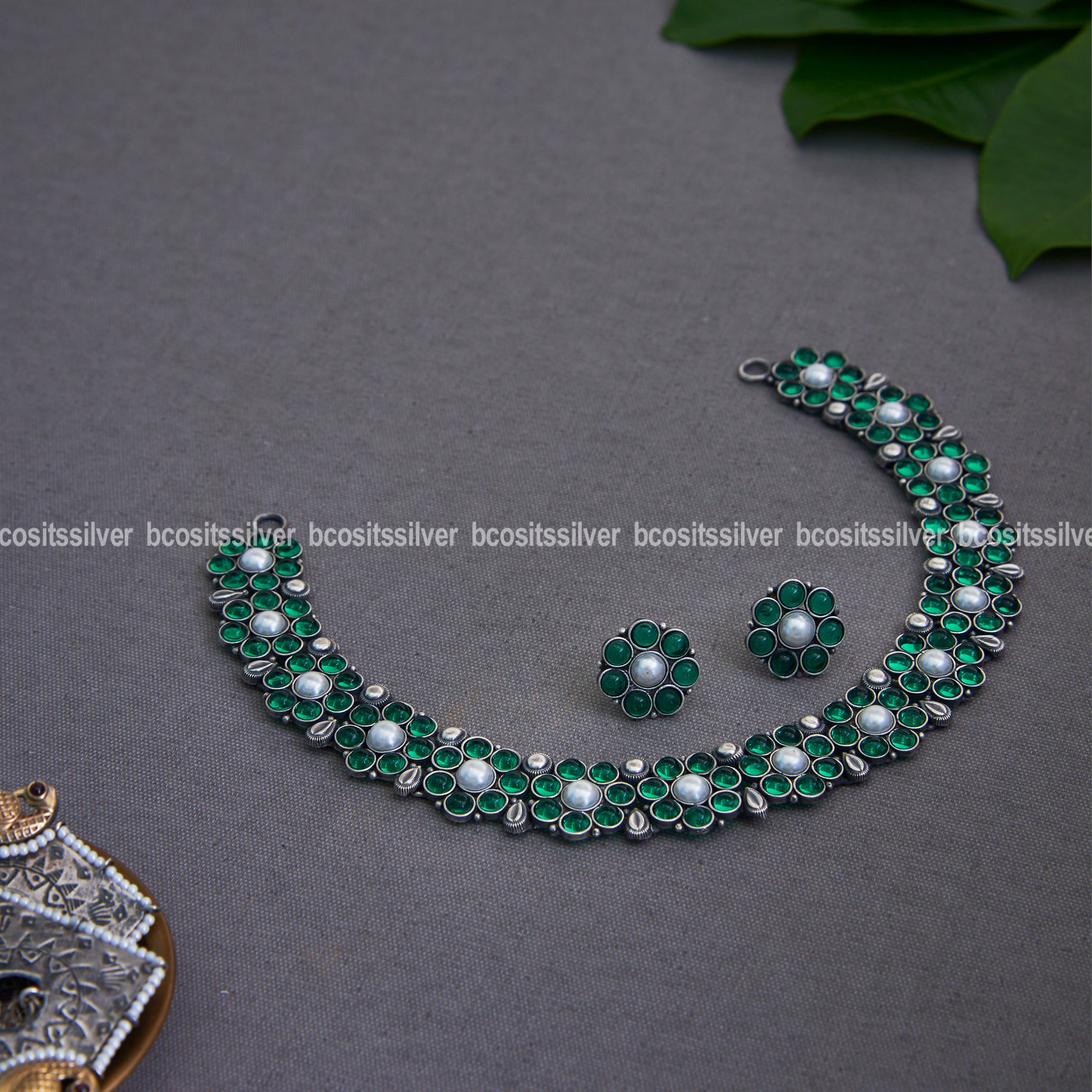 925 Silver Oxidized Flower Necklace Set -1122