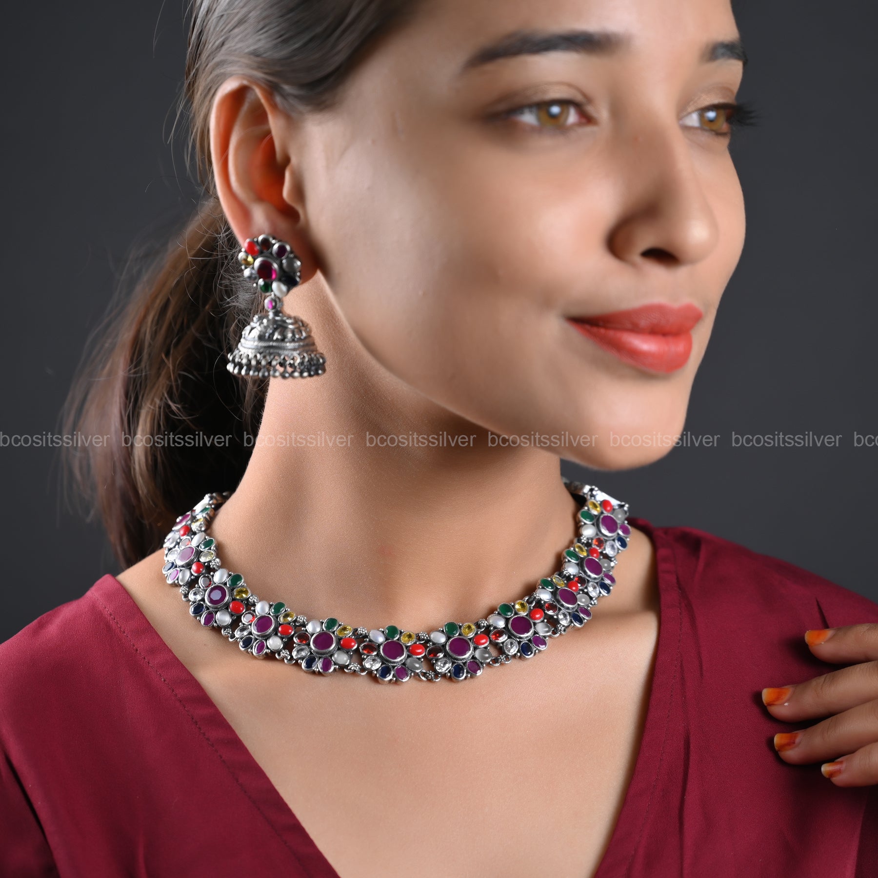 925 Silver Oxidized Navaratna Flower Necklace set - 1188