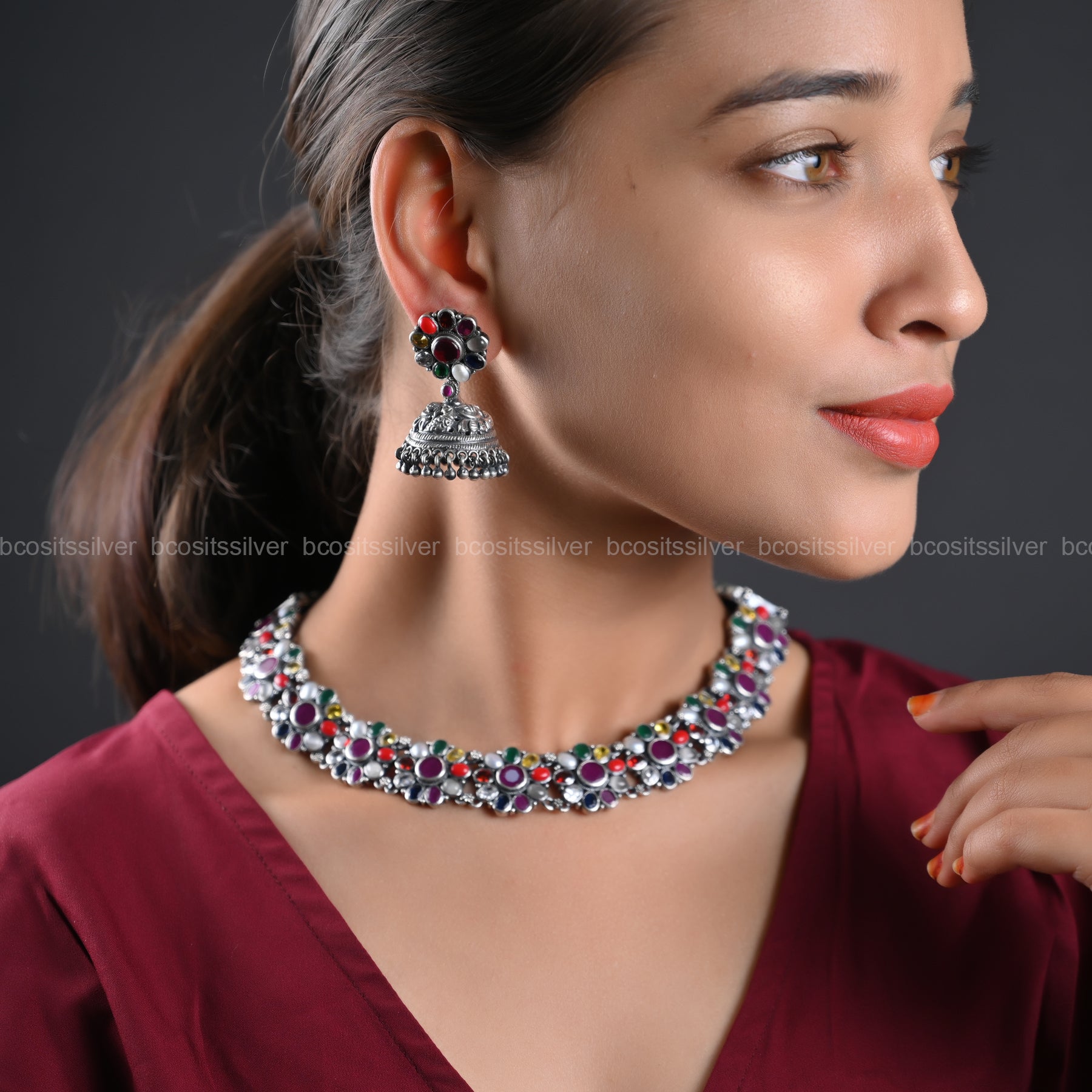 925 Silver Oxidized Navaratna Flower Necklace set - 1188
