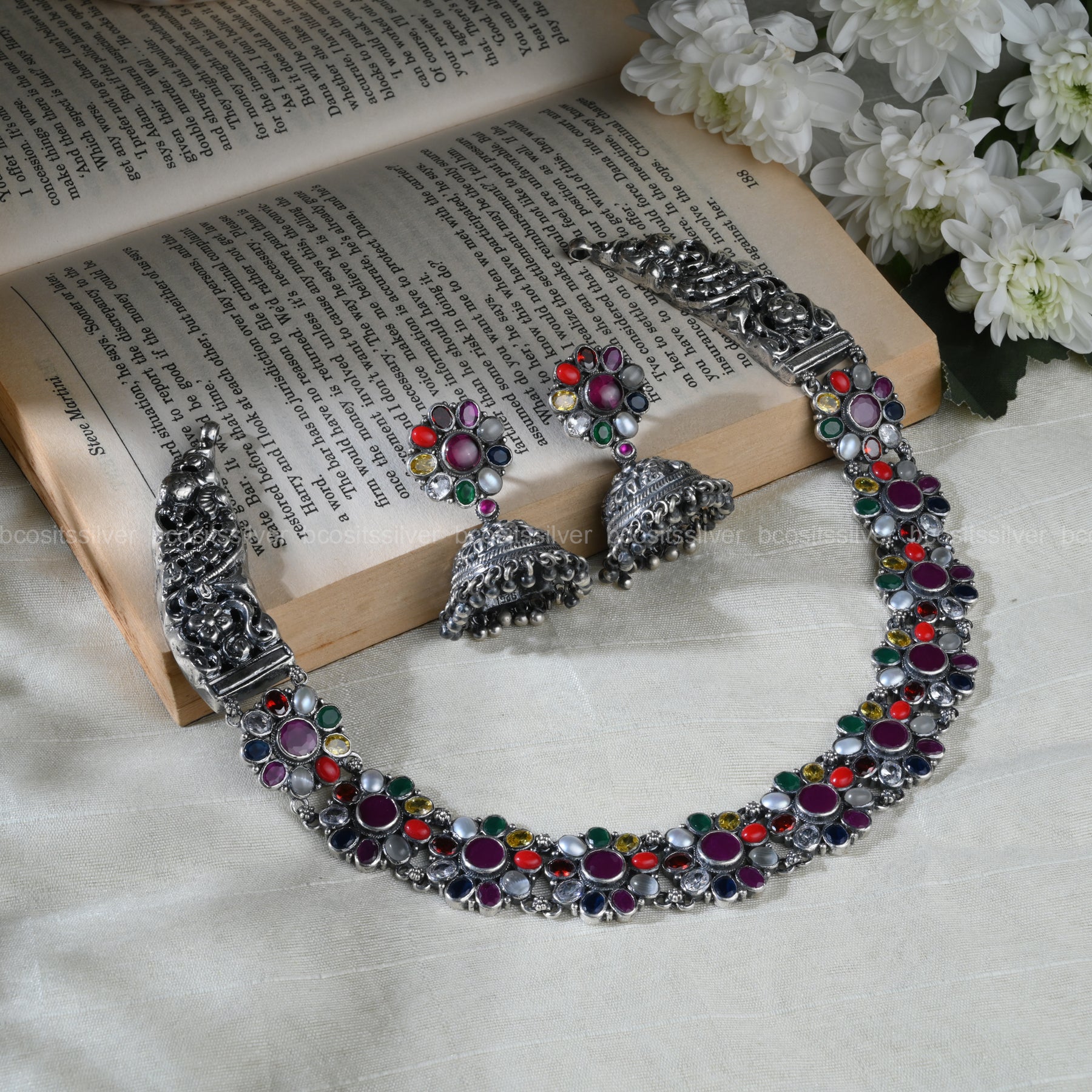 925 Silver Oxidized Navaratna Flower Necklace set - 1188