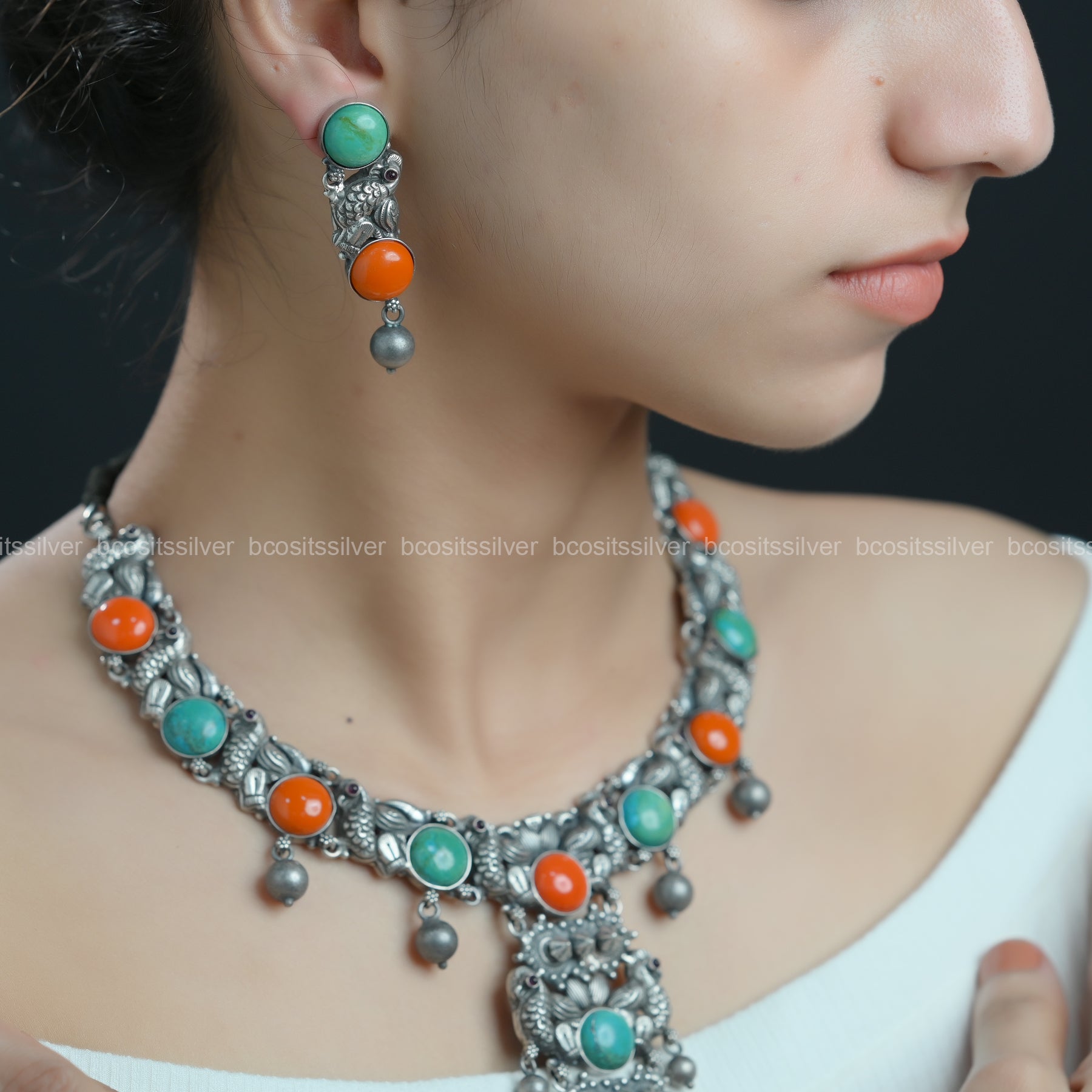 925 Silver Oxidized Peacock Necklace set - 1505