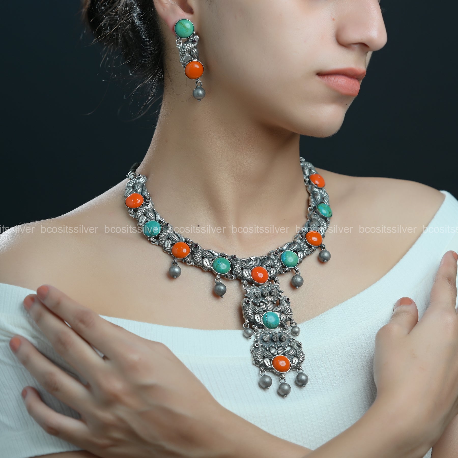 925 Silver Oxidized Peacock Necklace set - 1505