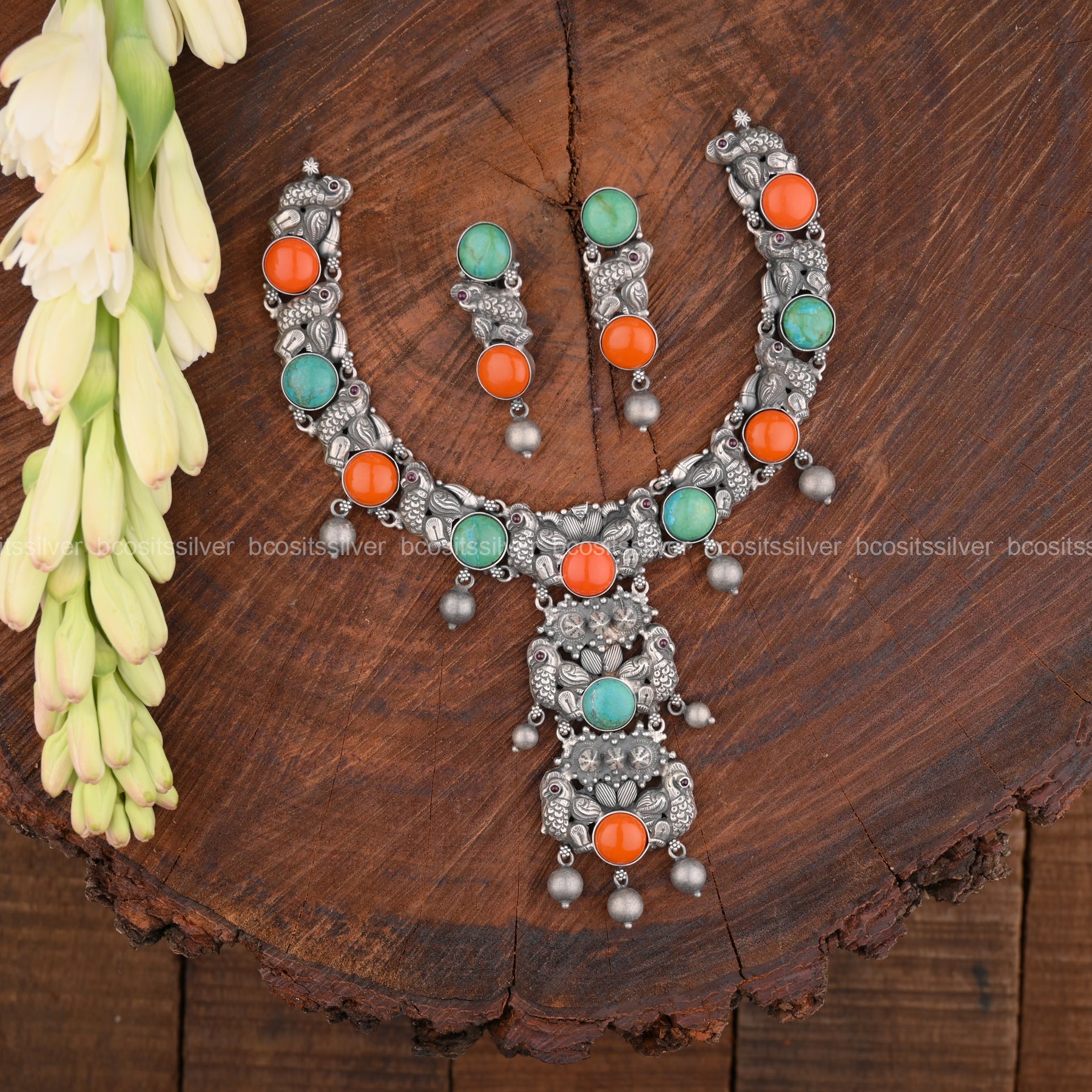 925 Silver Oxidized Peacock Necklace set - 1505
