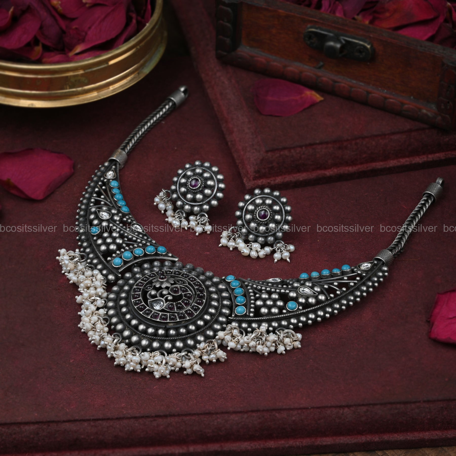 925 Silver Oxidized Turquoise Necklace Set - 4452