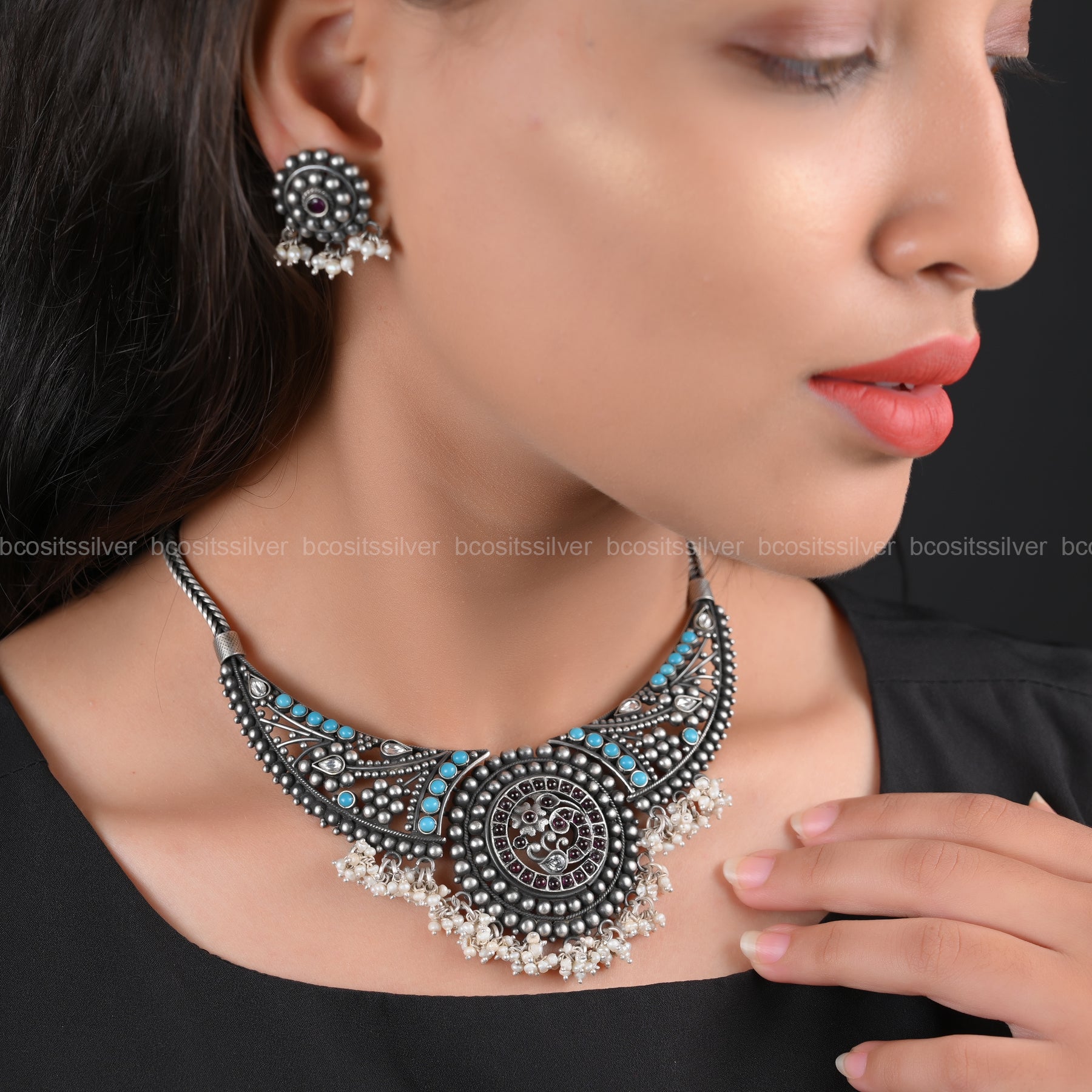 925 Silver Oxidized Turquoise Necklace Set - 4452