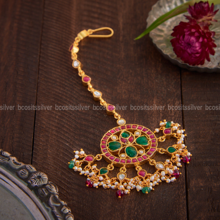 Handcrafted 925 Silver 22k Gold Plated Kundan Bridal Tikka — 31.5g, Pink & Green Stones (0756)