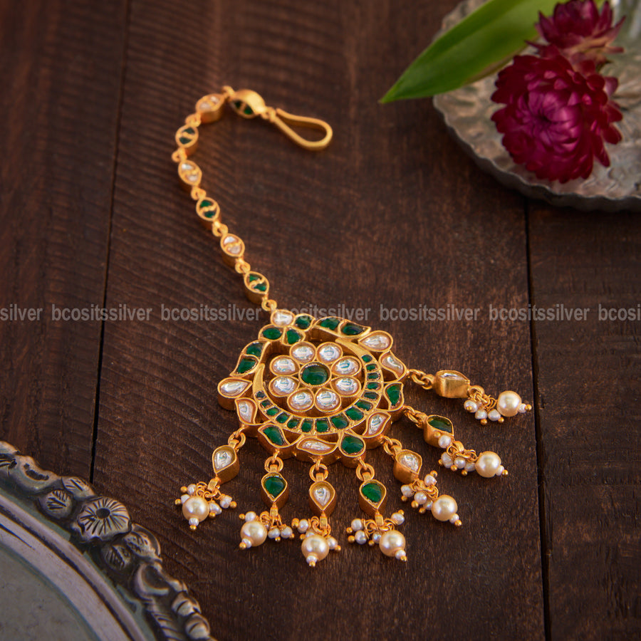 Handcrafted 925 Silver 22k Gold Plated Kundan Bridal Tikka — 32.5g, Green & White Stones (0757)