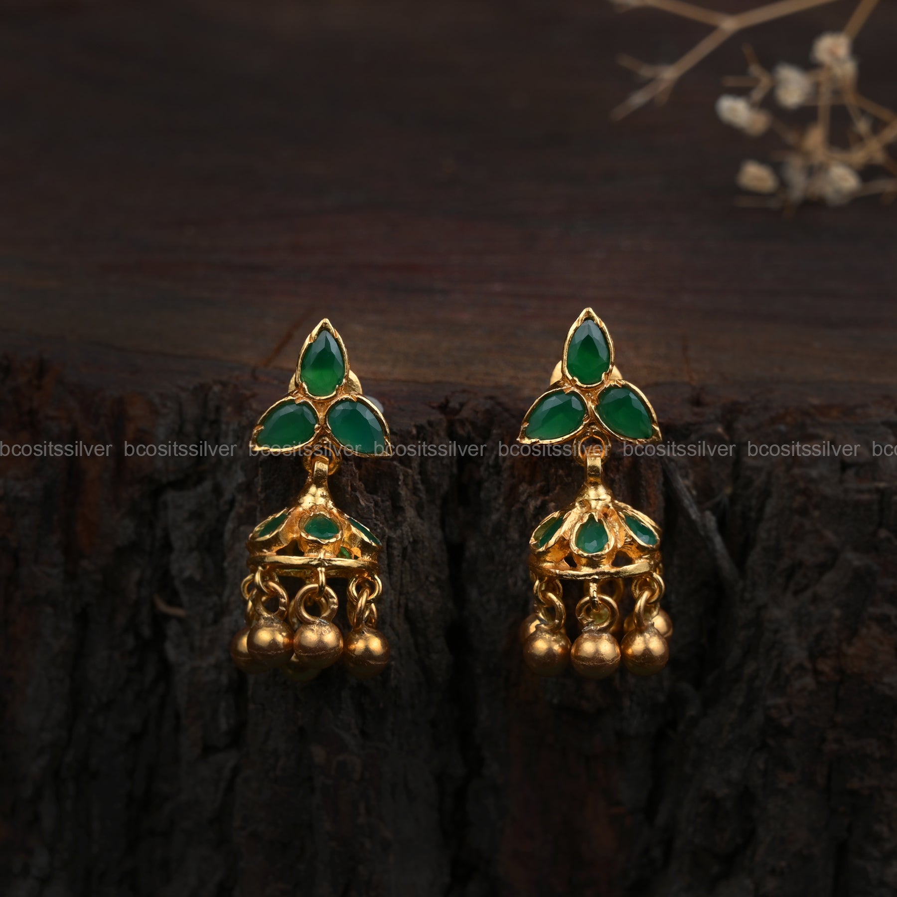 Gold Plated Arumbu Green Jhumka - 5855