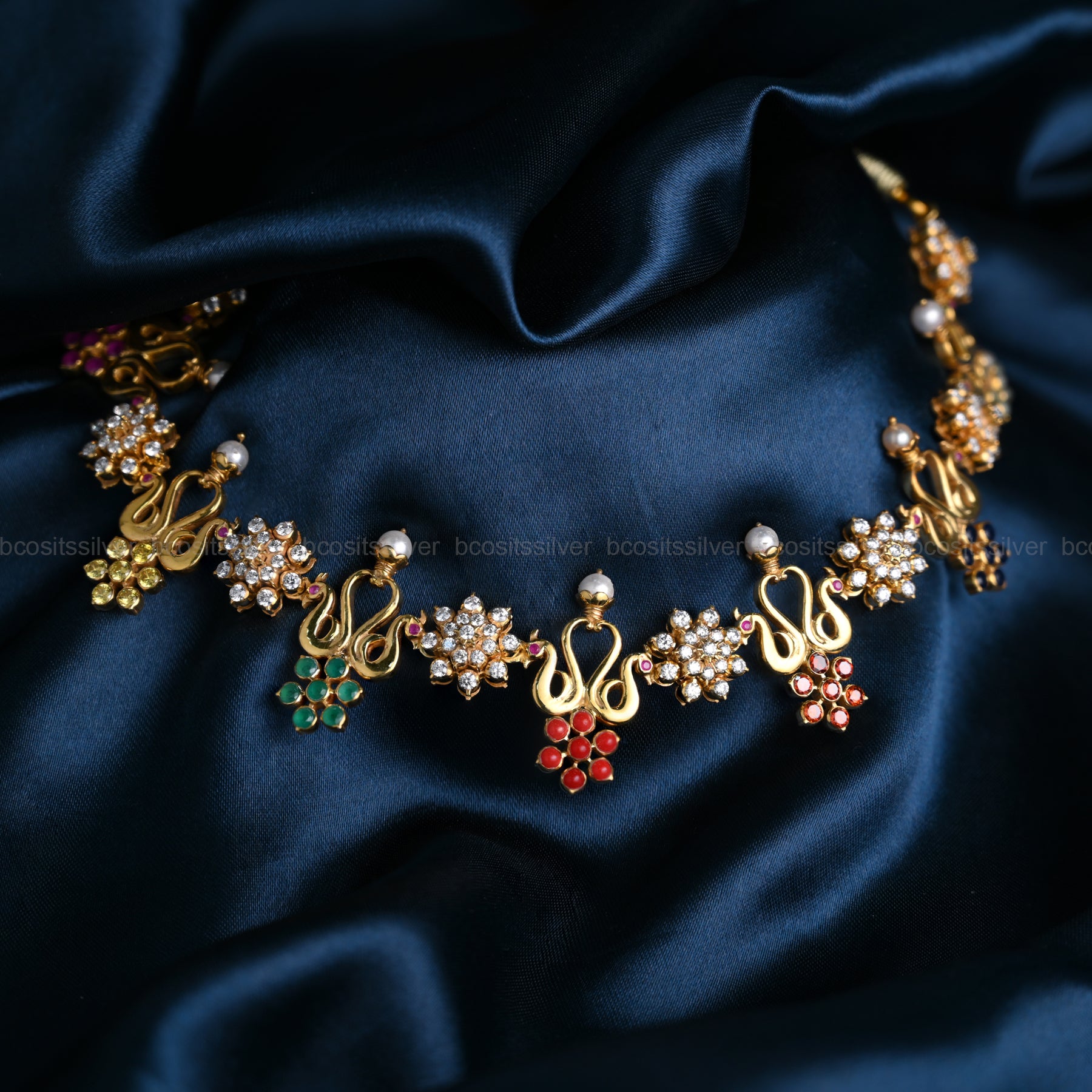Gold Plated Saaral - Navaratnam Stone Necklace - 8043