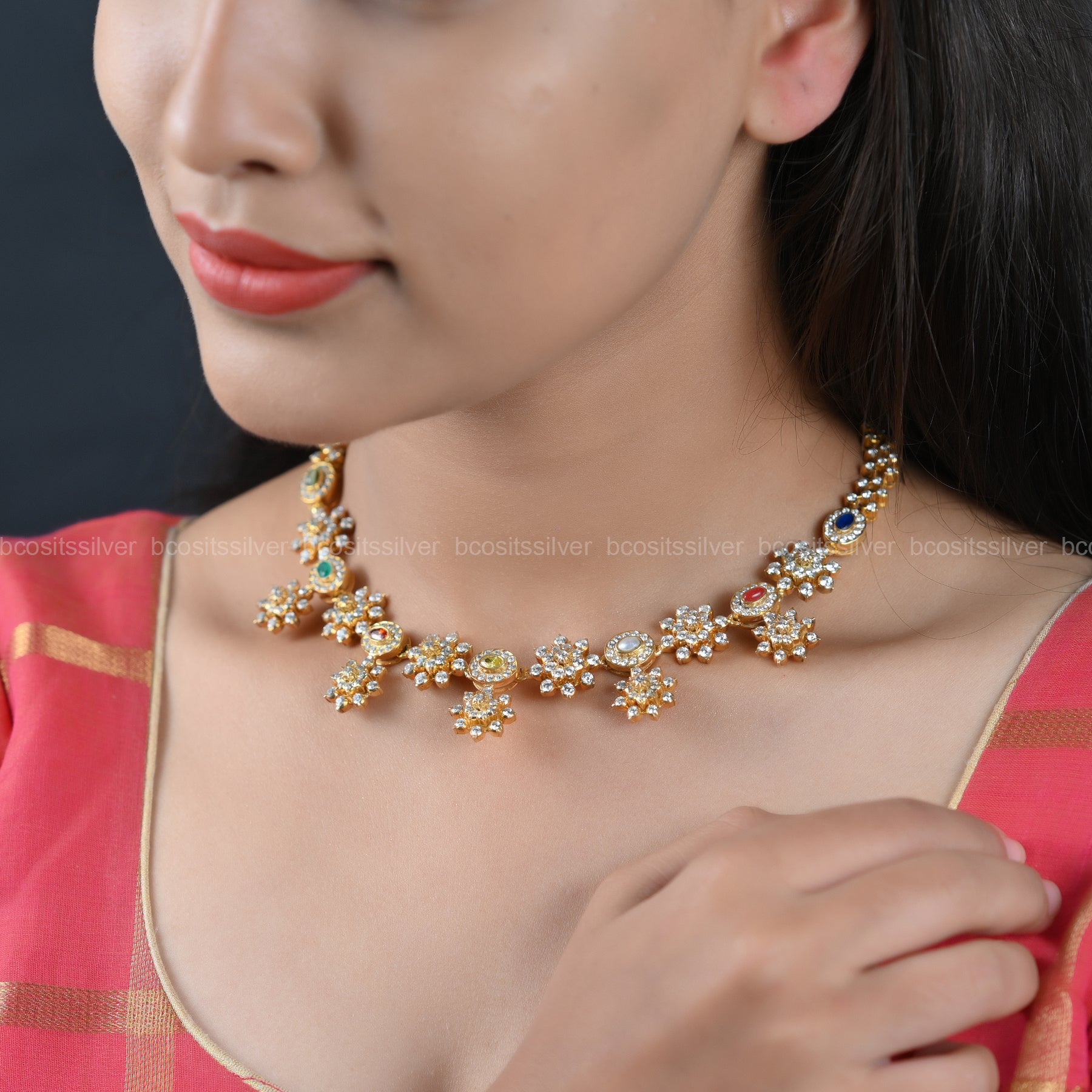 Gold Plated Saaral - Navaratnam Stone Necklace - 8042