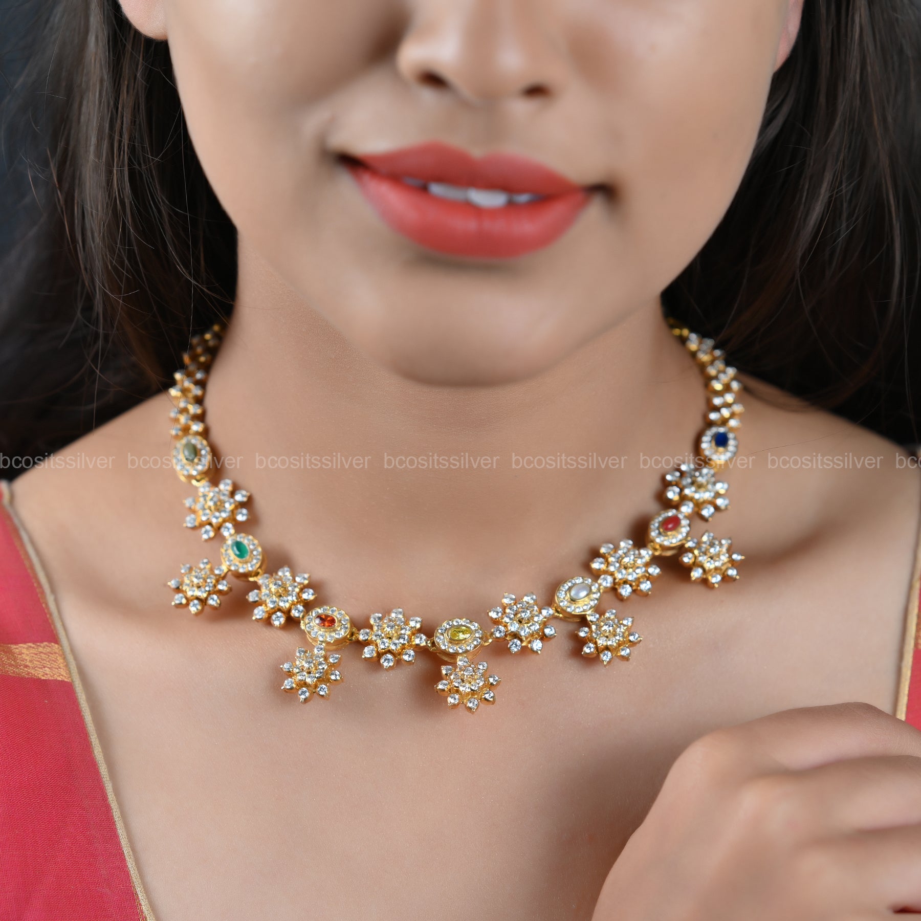 Gold Plated Saaral - Navaratnam Stone Necklace - 8042