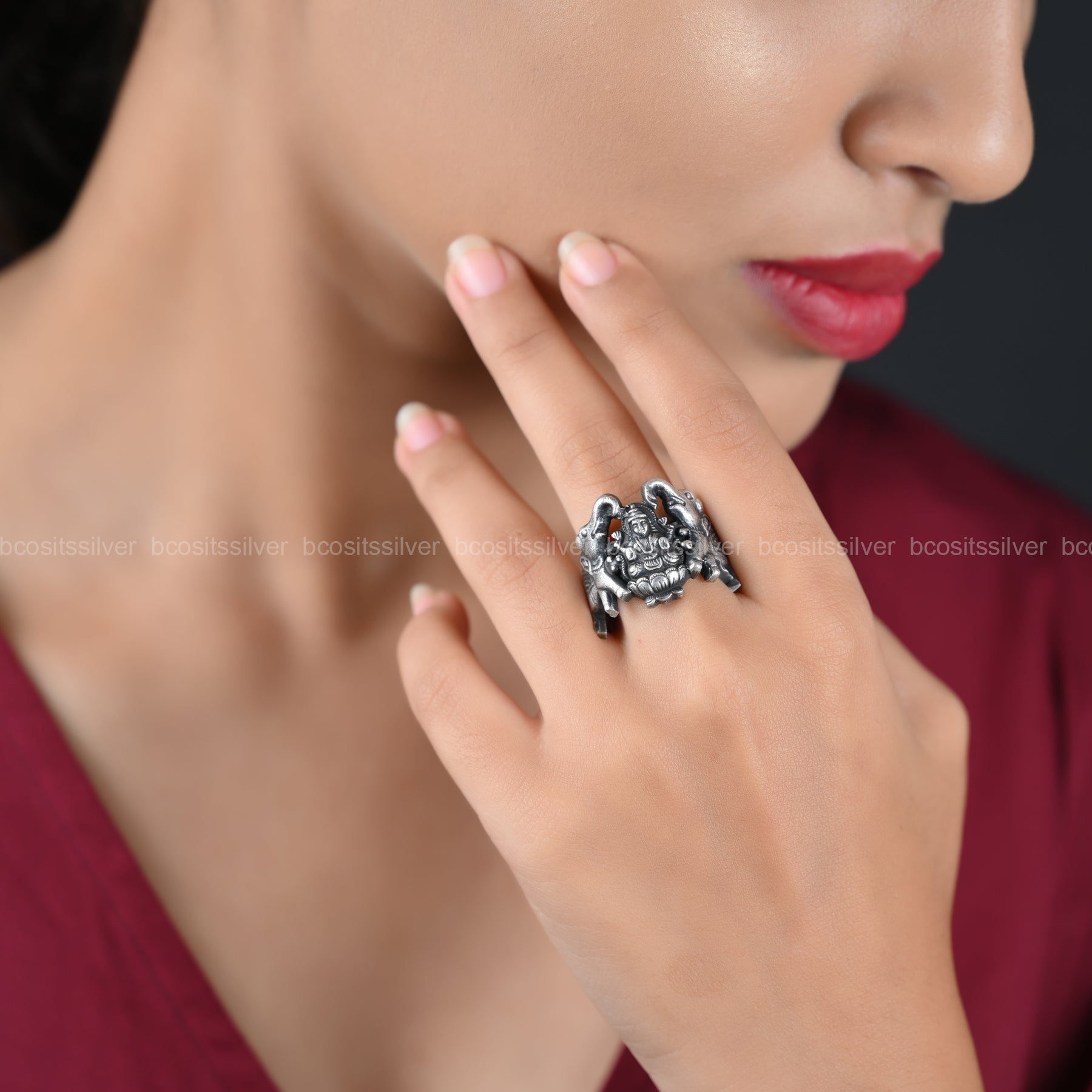 Oxidized Gaja Lakshmi Finger Ring - 184