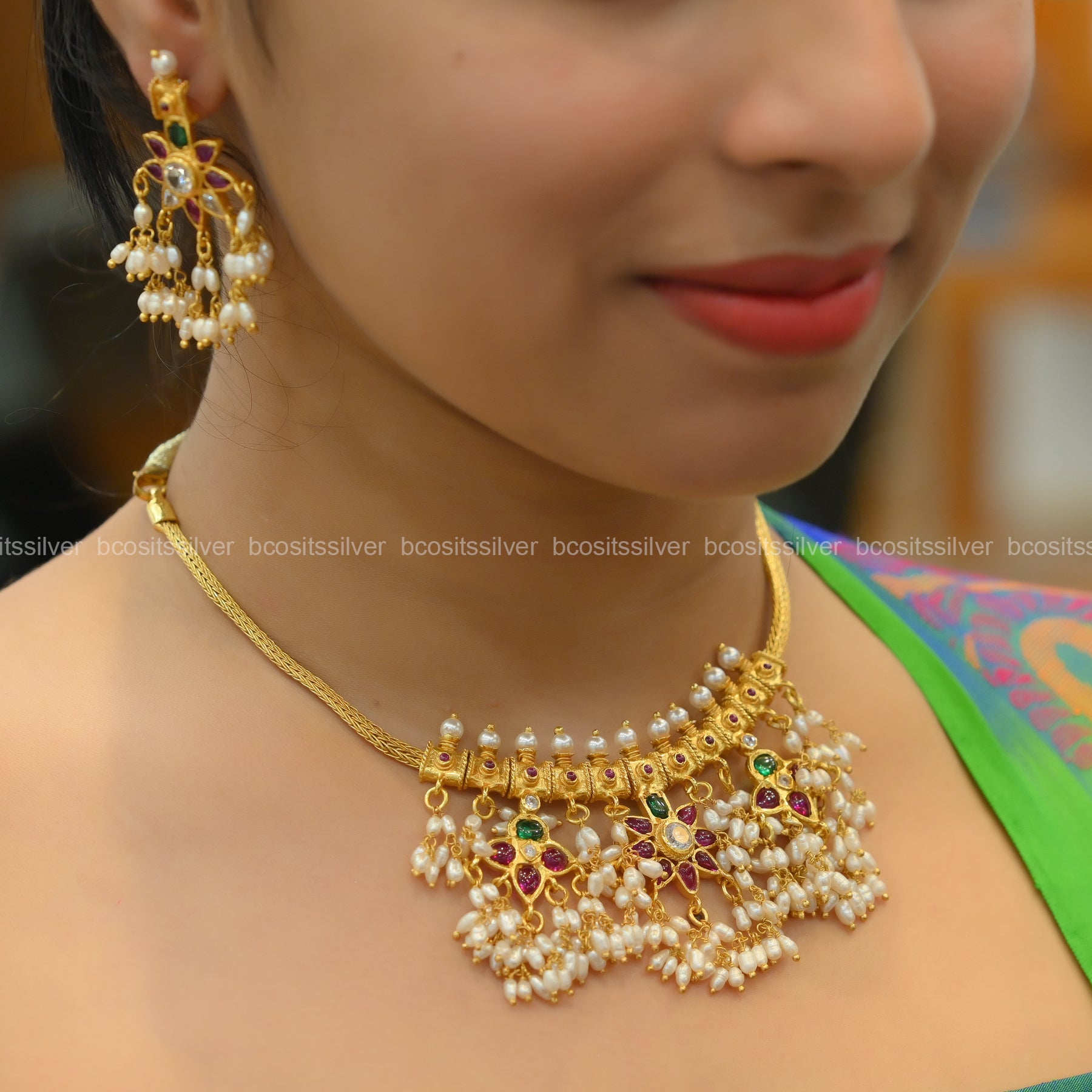 Gold Plated Guttapusalu Sunflower Shape Short Necklace with Earrings - 1045 - MADE TO ORDER