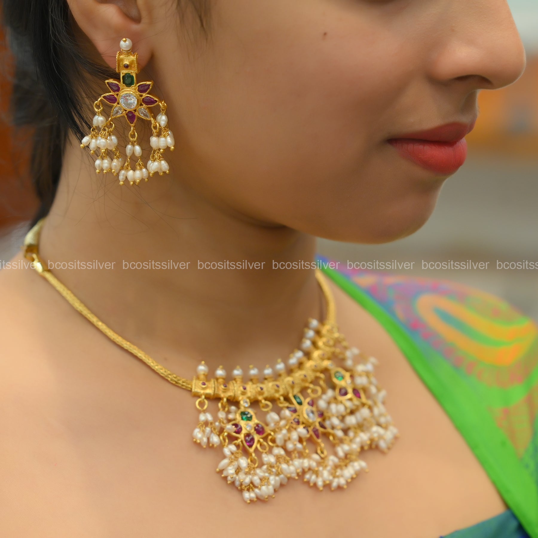 Gold Plated Guttapusalu Sunflower Shape Short Necklace with Earrings - 1045 - MADE TO ORDER