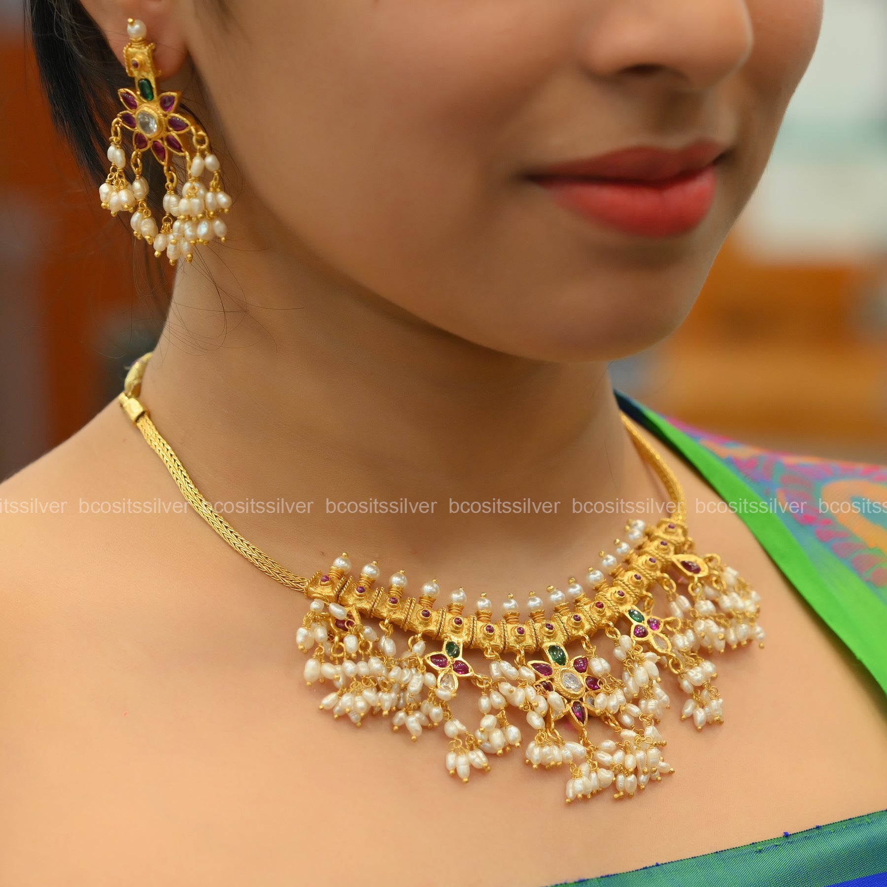 Gold Plated Guttapusalu Short Necklace with Earrings - 1046 - MADE TO ORDER