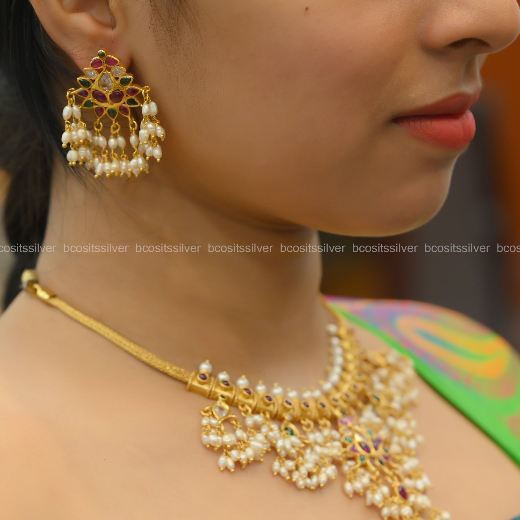 Gold Plated Guttapusalu Short Necklace with Earrings - 1042 - MADE TO ORDER