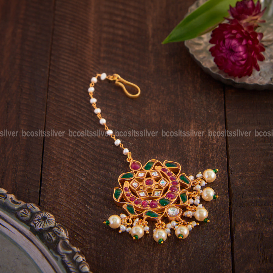 Handcrafted 925 Silver 22k Gold Plated Kundan Bridal Tikka — 20.5g, Pink Green White (0754)
