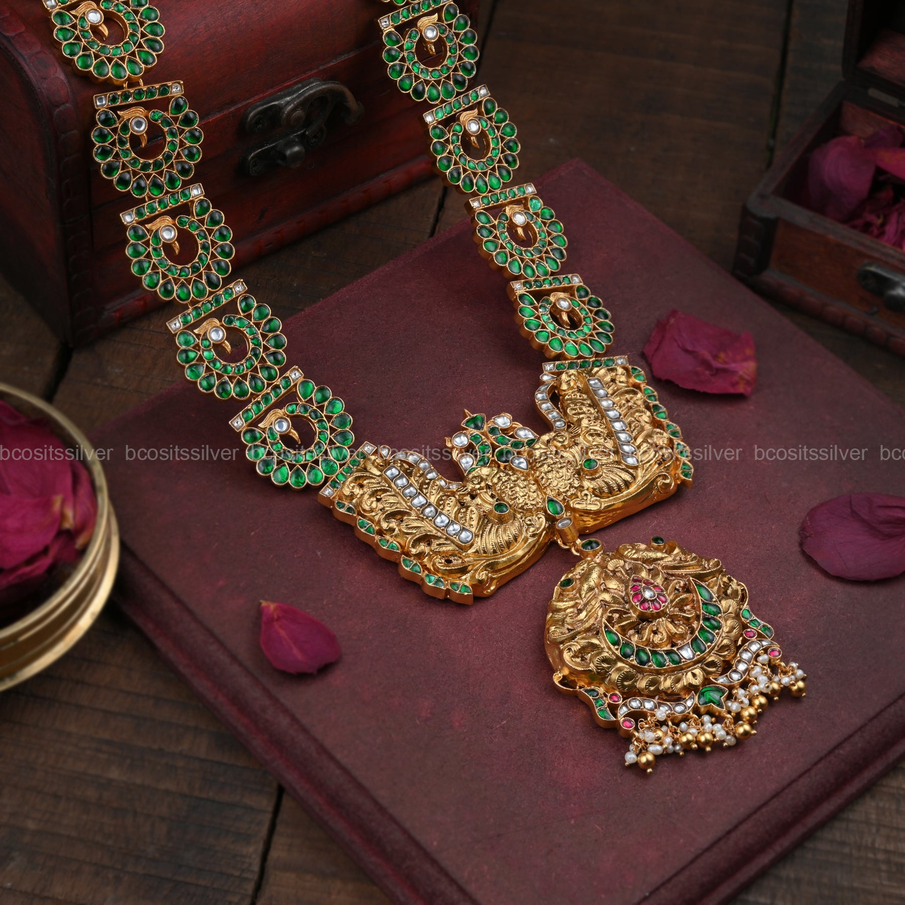 Pure 925 Silver Green kundan Haram - 5783