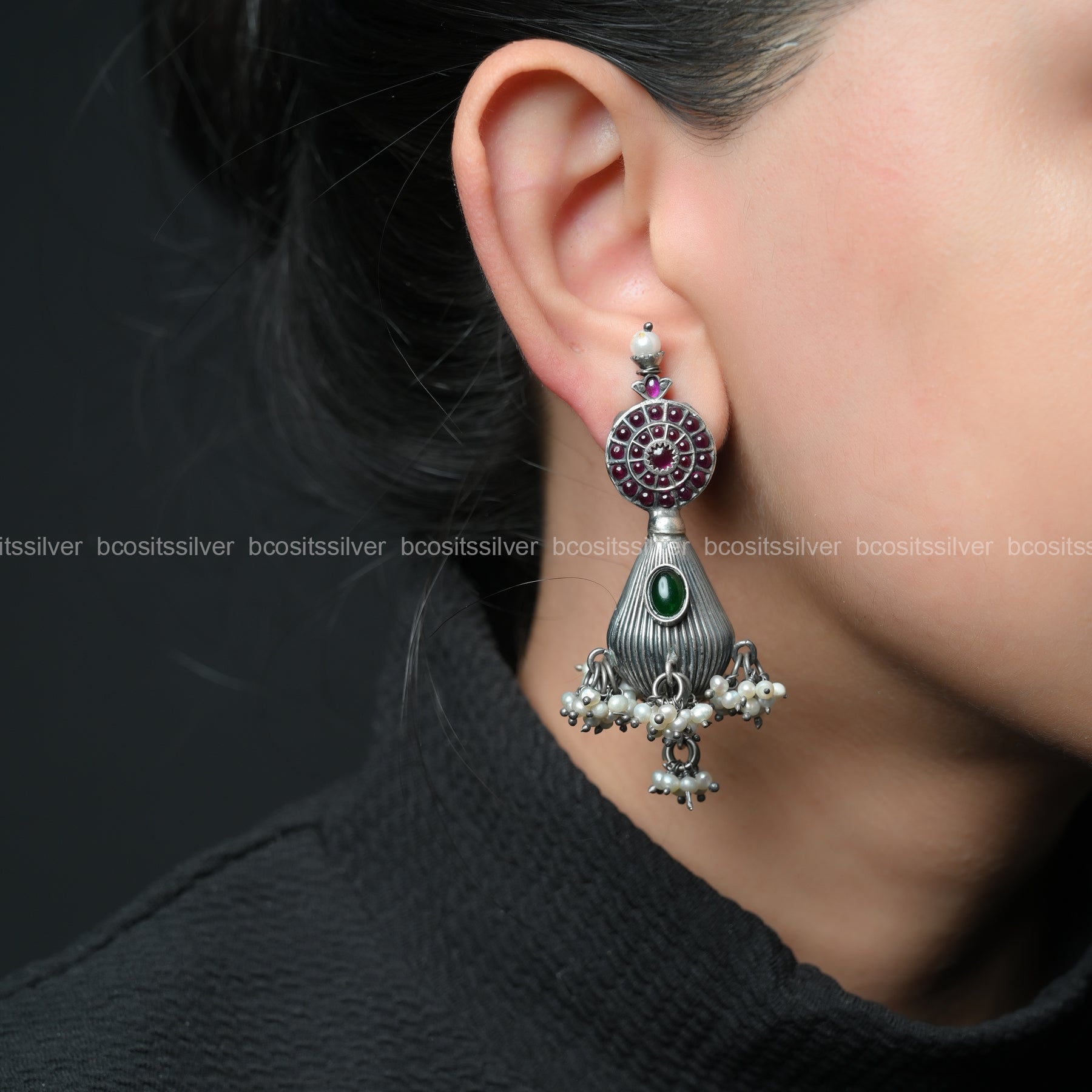 Pure 925 Silver Oxidixed Paru Earrings - 1567