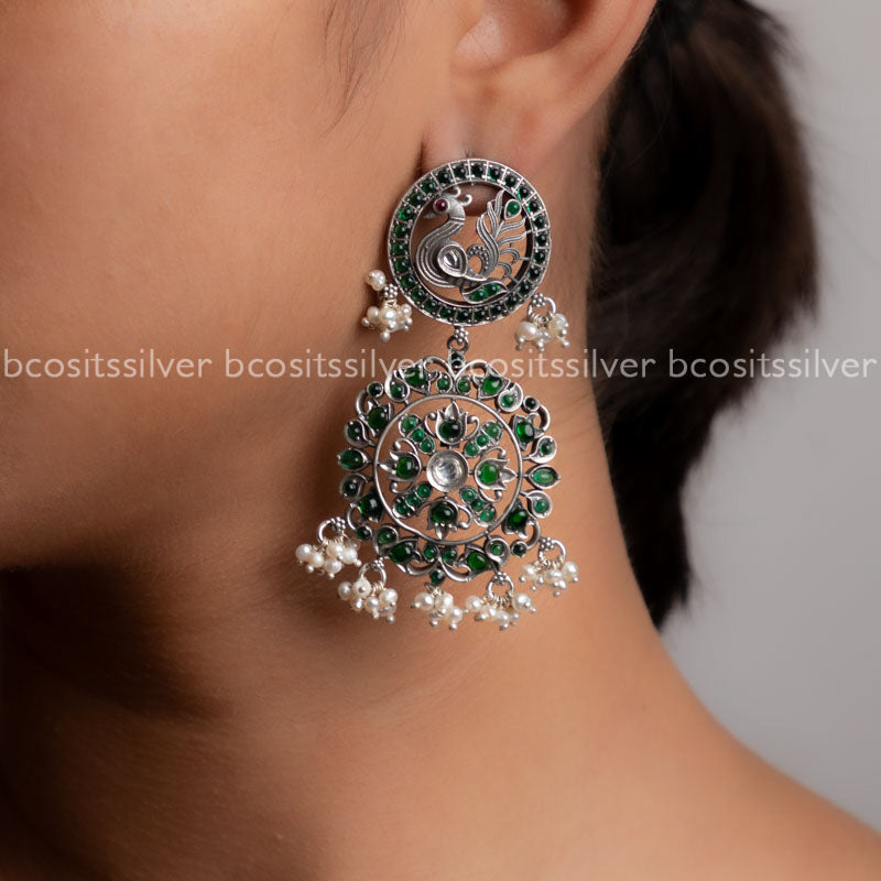 Pure 925 Silver Oxidized Chandbali Peacock Earring - 222