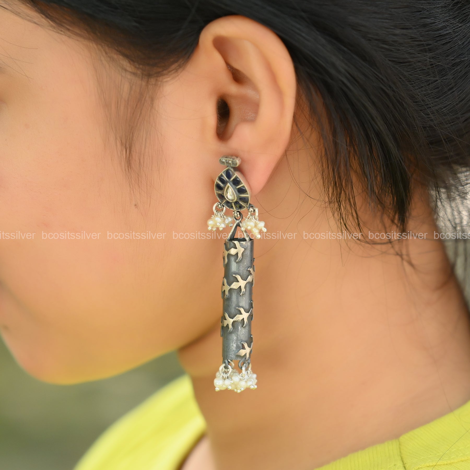 Pure 925 Silver Oxidized Cylinder Shape Earring - 1323