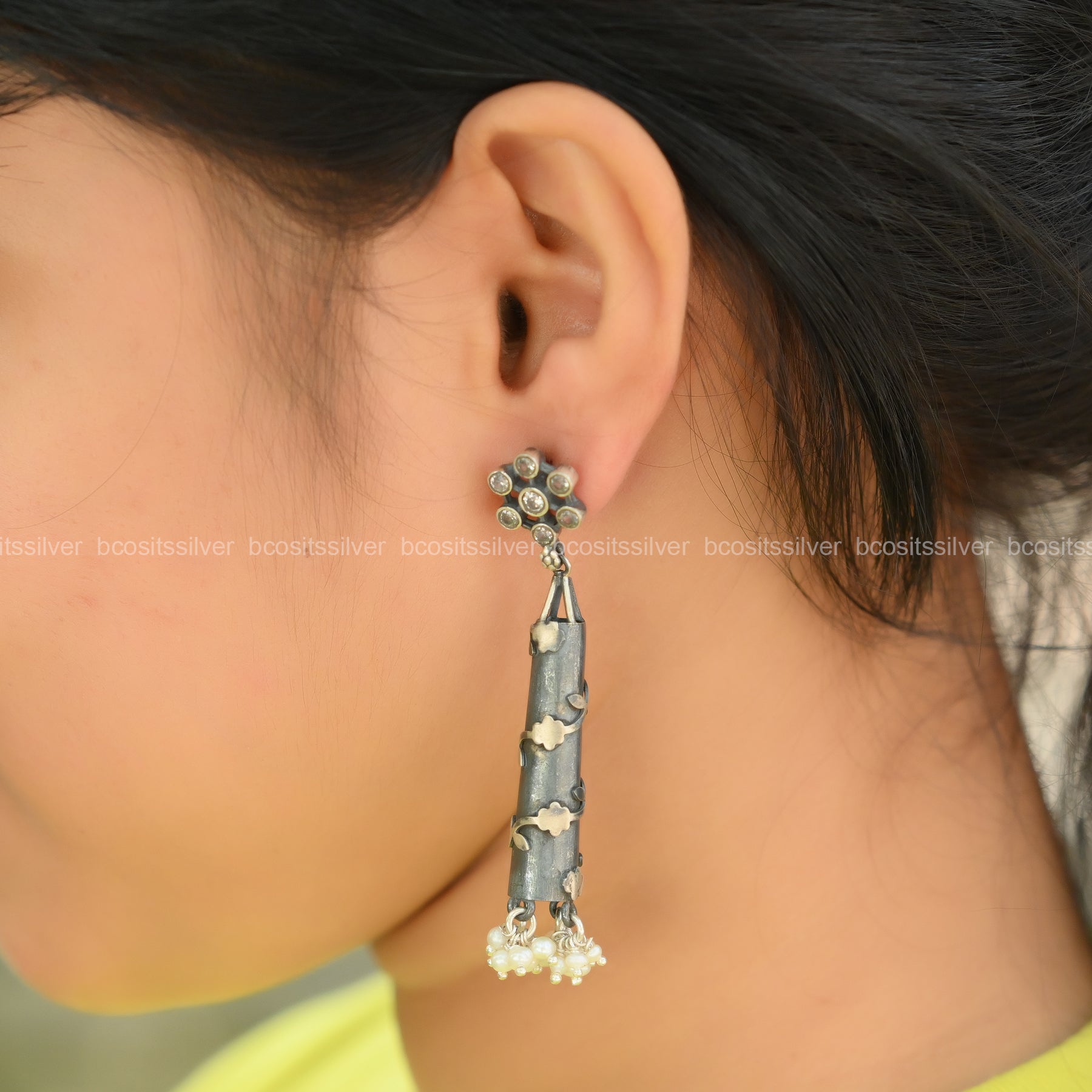 Pure 925 Silver Oxidized Cylinder Shape Earrings - 1313