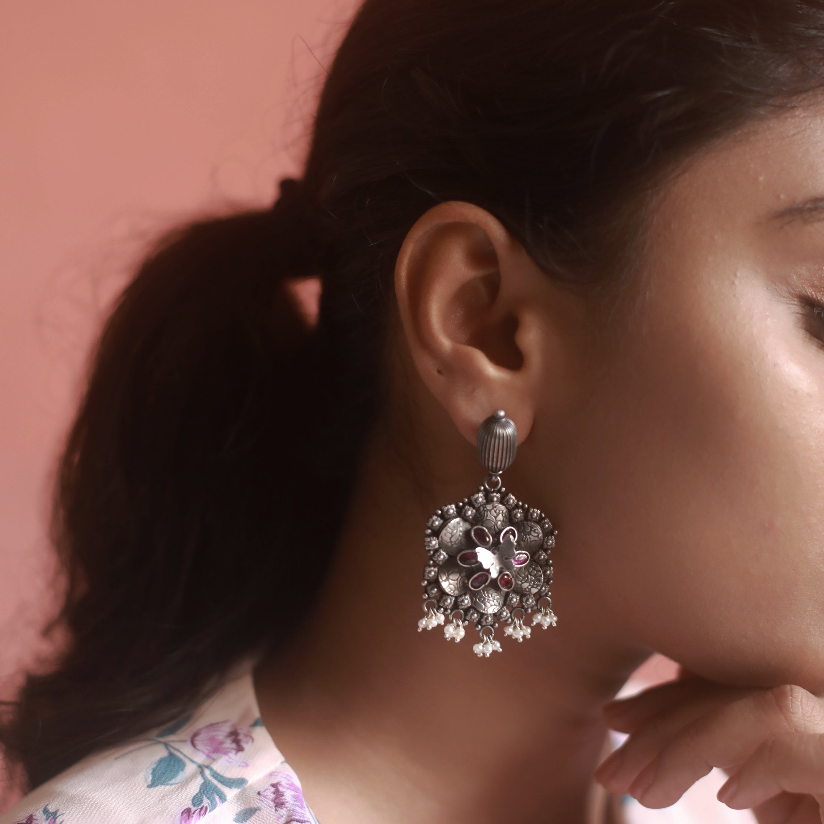 Pure 925 Silver Oxidized Hola Dola Jhumka - 076