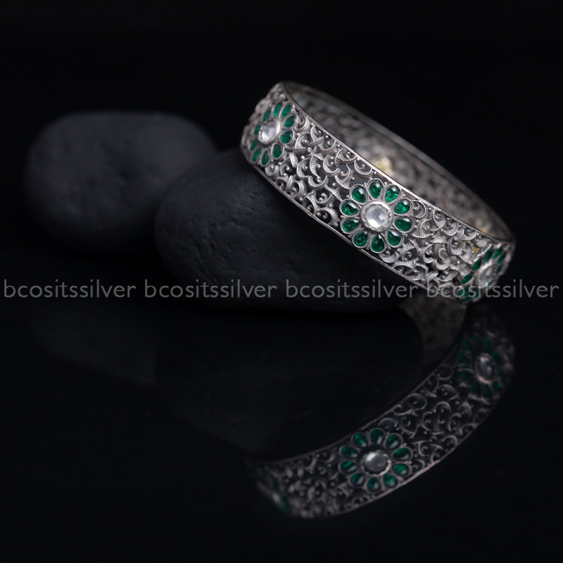 Pure 925 Silver Oxidized Jali Bangle Green - 2075