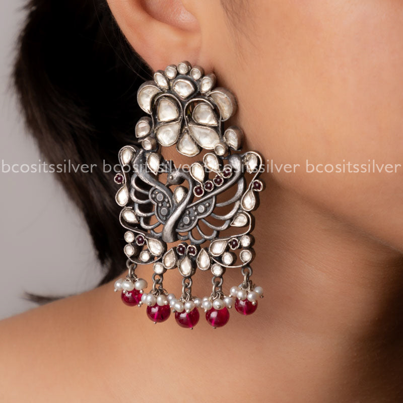 Pure 925 Silver Oxidized Kundan Earring - 1173