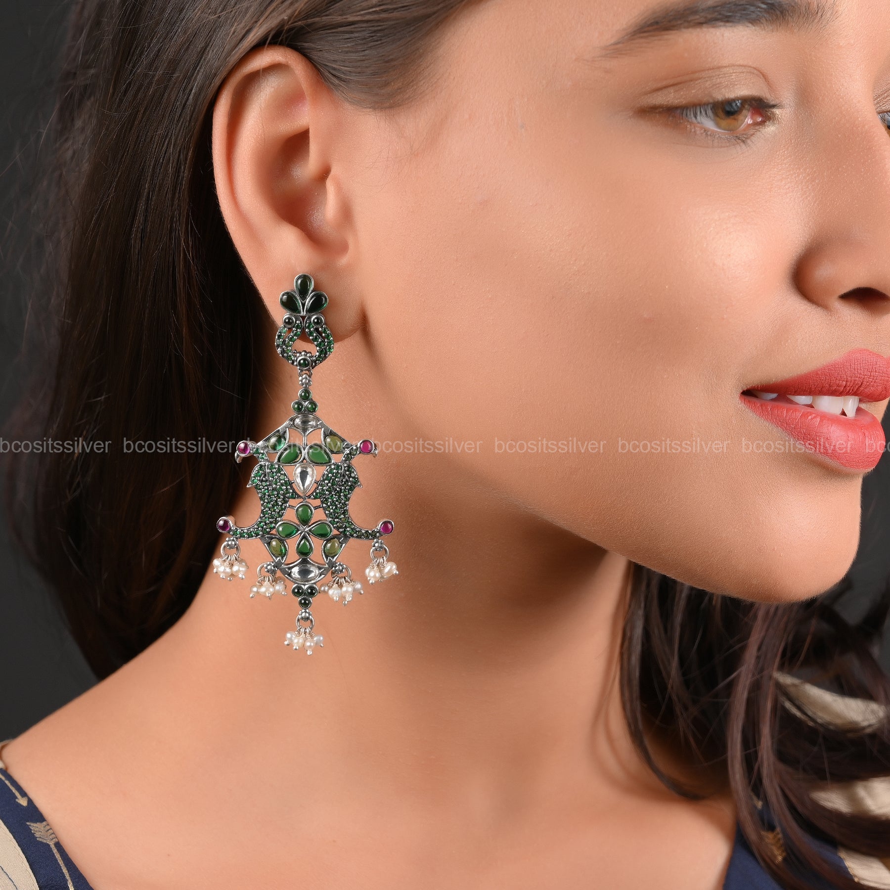 Pure 925 Silver Oxidized Peacock Earring - 6168
